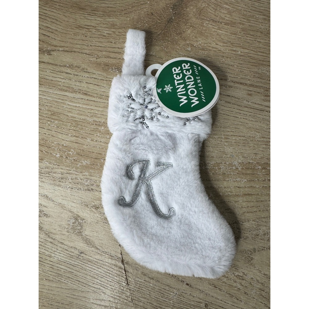 Winter Wonder Lane White Faux Fur Initial K Christmas Stocking Silver Sequin 8in